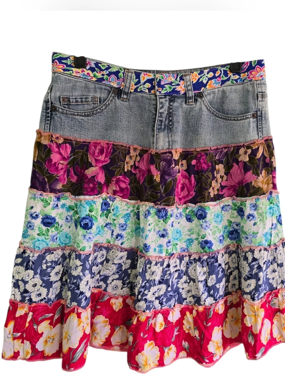 Sacred Threads Vintage Boho Denim Floral Tiered Maxi Skirt 30